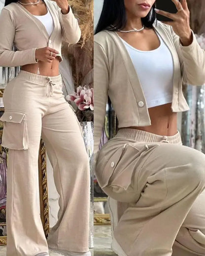 Women's Spring Summer New Fashionable Solid Color Printed Sexy Waist Short Top Casual Pants Set For Women