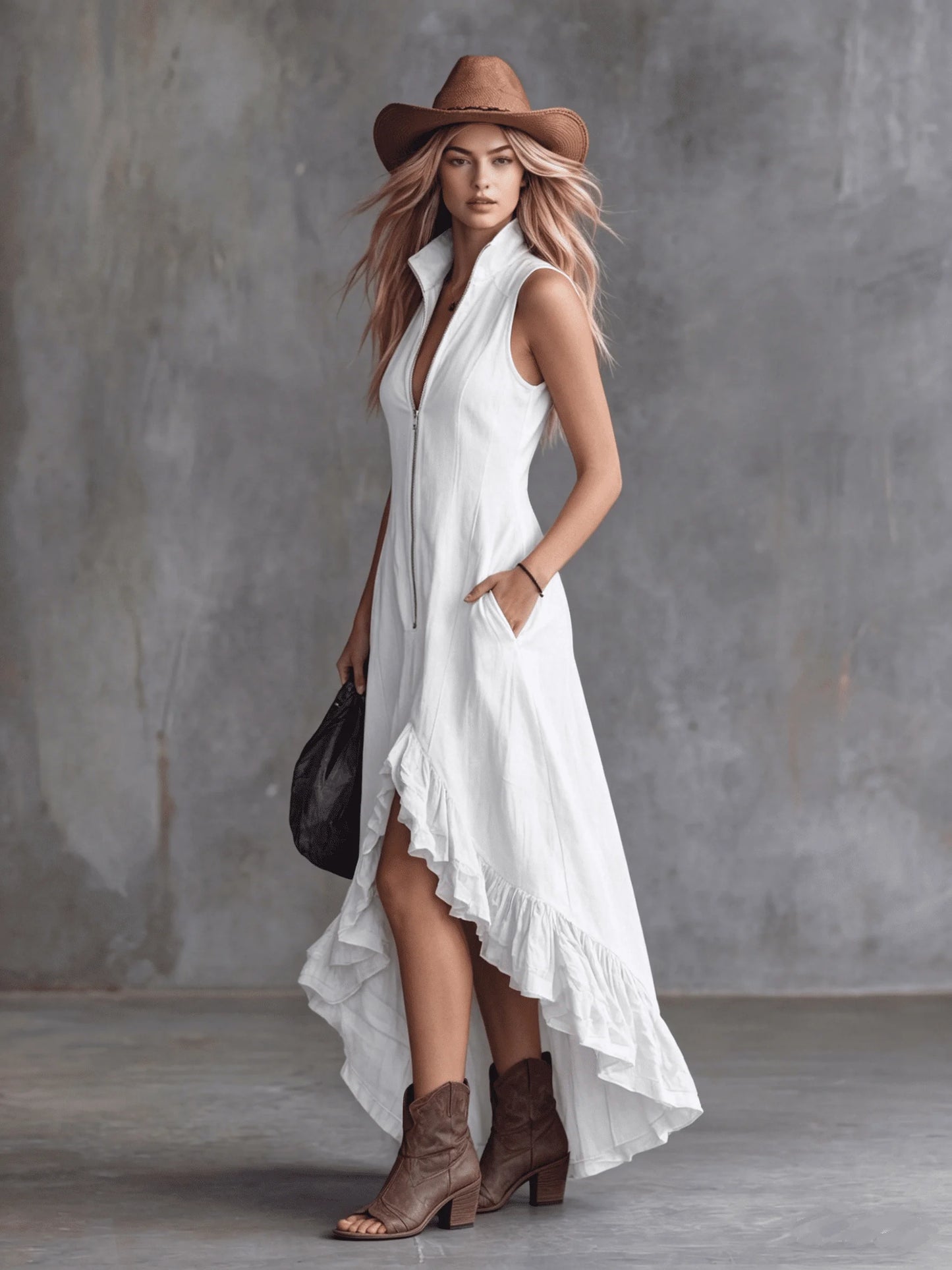 Women's Sleeveless Half Zip Maxi Dress Stand Collar High Low Ruffle Hem A-Line Long Dress with Pockets