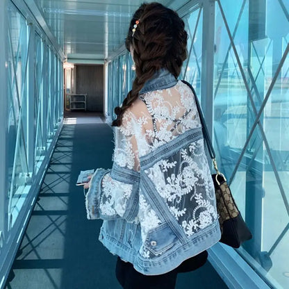 Mesh Embroidery Hole Denim Jacket  Summer Lace Stitching Girlish Top