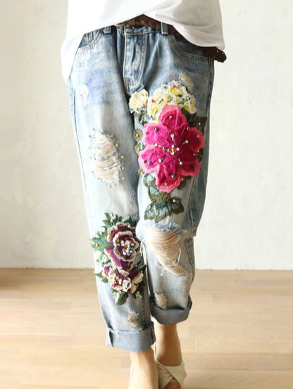 Fashion Jeans For Women Summer Casual Floral Embroidery Denim Trousers Ladies Elegant New Females Loose Harem Pants