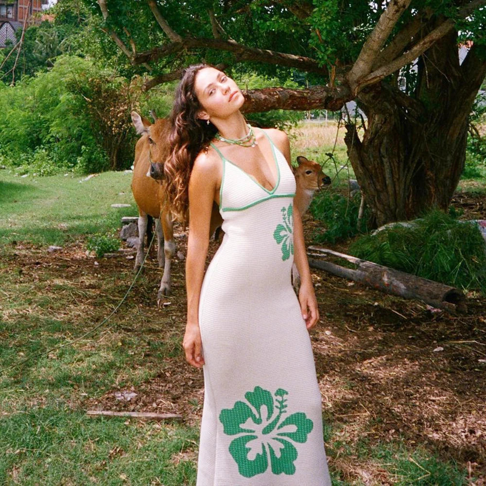 Women Vintage Knitted Backless Sexy Bodycon Dress Bandage Contrast Color Halter Casual Dresses Slim Midi Holiday Sun Dresses