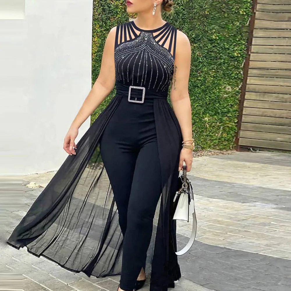 Women's Sexy Sleeveless Jumpsuit, Elegant Hot Rhinestone Mesh Mop Red Summer