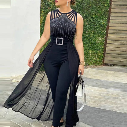 Women's Sexy Sleeveless Jumpsuit, Elegant Hot Rhinestone Mesh Mop Red Summer