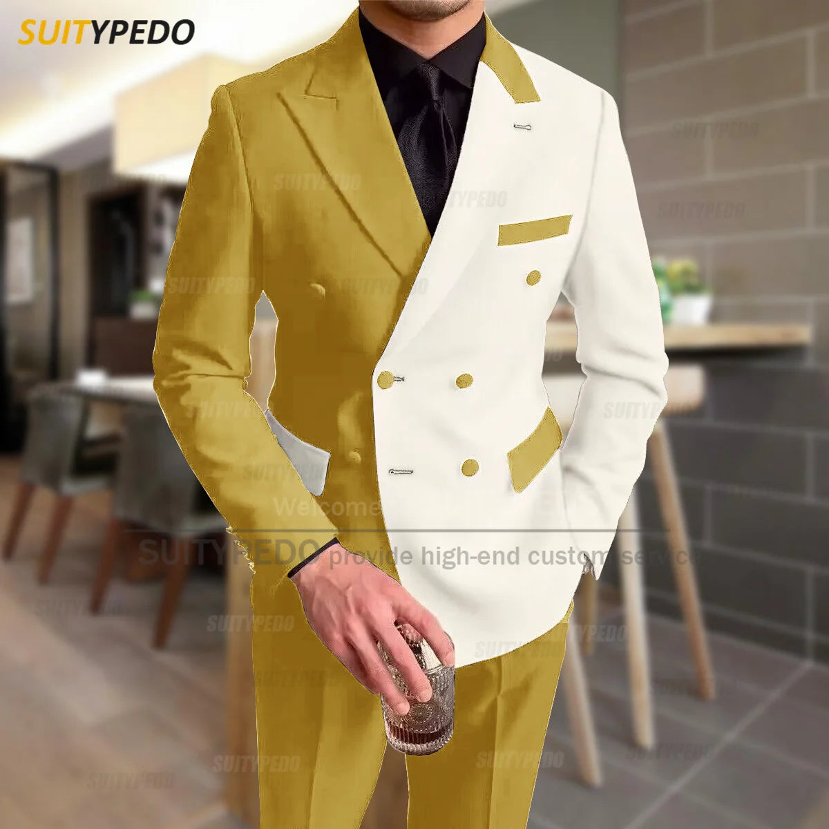 Fashion Black Ivory Splicing Men Suit Casual Party Classic Double Breasted Jacket Evening Dinner Elegant Blazer Pants Outfits