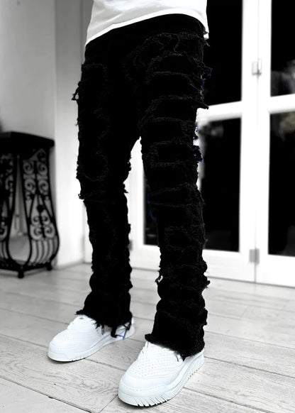New Fashion Stretch Jeans Man Stacked Jeans Elastic Waist Straight Fit Patchworks Denim Long Pants Fringe Ripped Jeans For Men