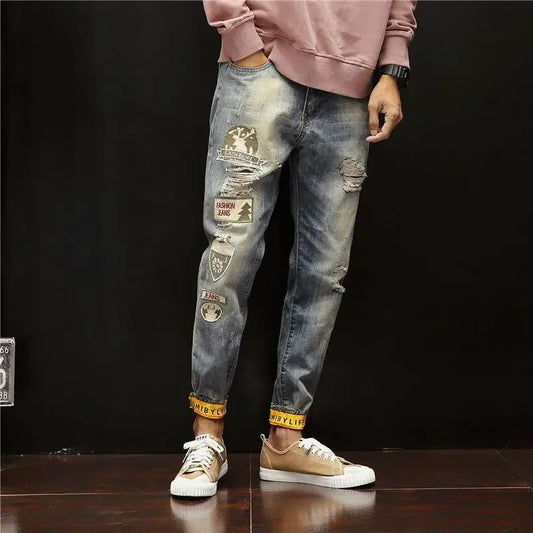 Trousers Broken Ripped Male Cowboy Pants with Holes Jeans for Men Tapered Torn Print Korean Style Plus Size Classic Washed Retro