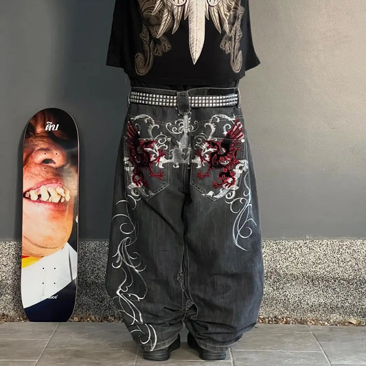 Y2K New Street Harajuku Pattern Jeans Black Baggy Jeans Hip Hop Retro Style Denim Pants Men's and Women's High Waist Wide Pants