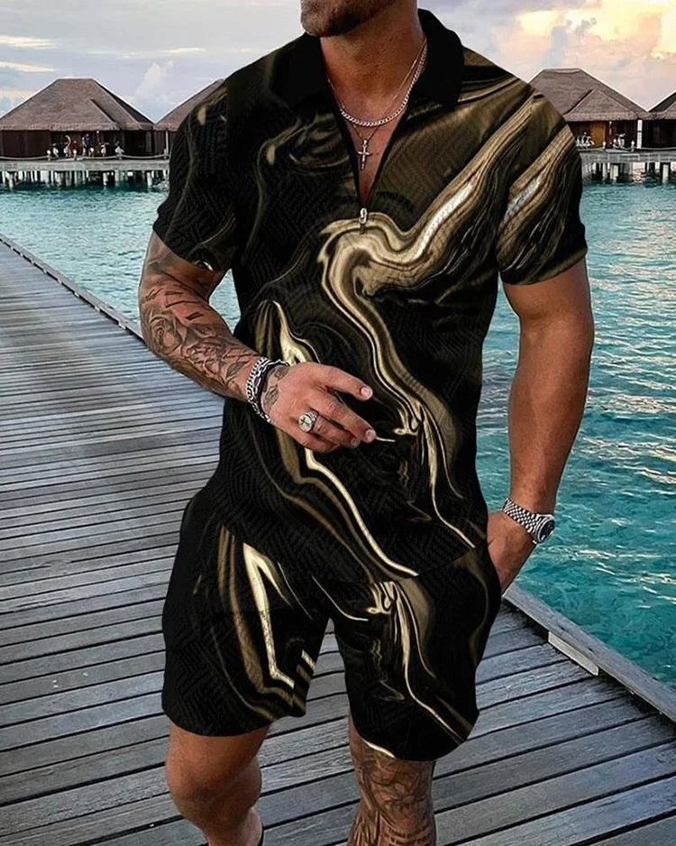 Summer New Trend Men's Tracksuit Casual Zipper Collar 3d Print Polo Shirt Suit 2 Pcs Set Colorful Streetwear Clothing Oversize