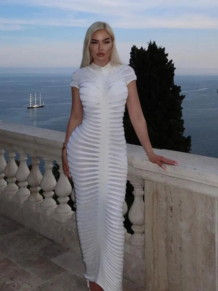 XIZOU Elegant Bodycon Knitted Dress Autumn See Through White Dress Short Sleeve Sexy Party Evening Maxi Dresses for Women 2023