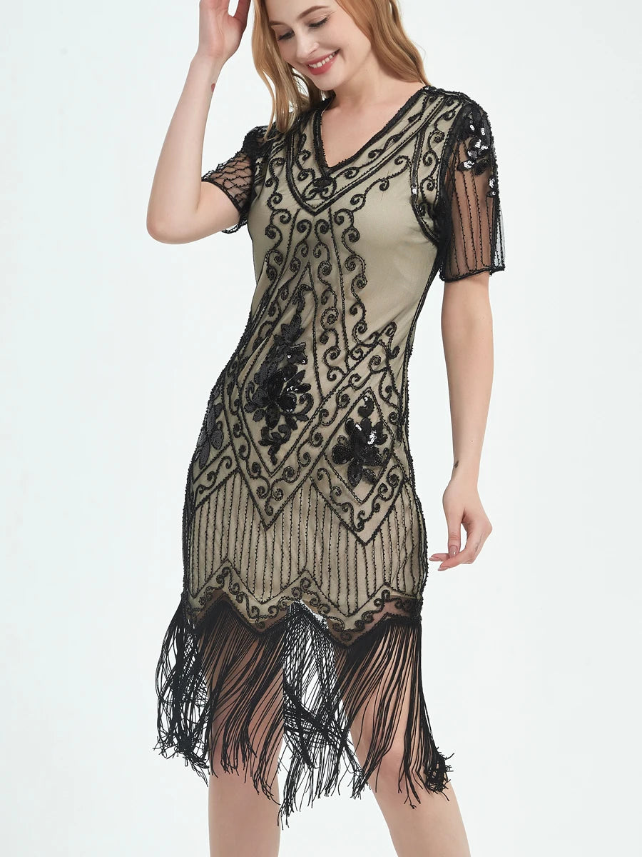 Embellished Beaded Sequin Dress Robe Vestidos Women 1920s Flapper Dress Vintage V Neck Butterfly Sleeve Long Great Gatsby Dress