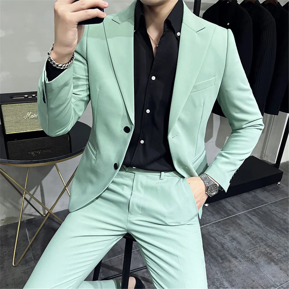 Jasper Men Suite Slim Fit Black Green Casual Summer Suit Jacket Blazer White Navy Blue Pants