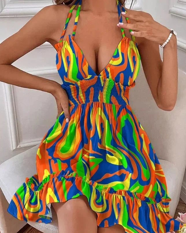 Sexy Deep V Neck Tank Top Women's Clothing Open Back Parallel Wrinkle Dress European And American Cross-border Popular Dress