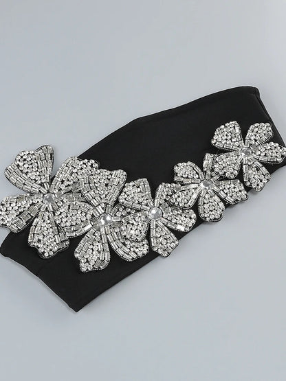 Sexy Long Sleeves Bandage 2-Piece Sets Women Turtleneck Shiny Diamonds Flower Top + Bodycon Mini  Skirts Suits Evening Party Set