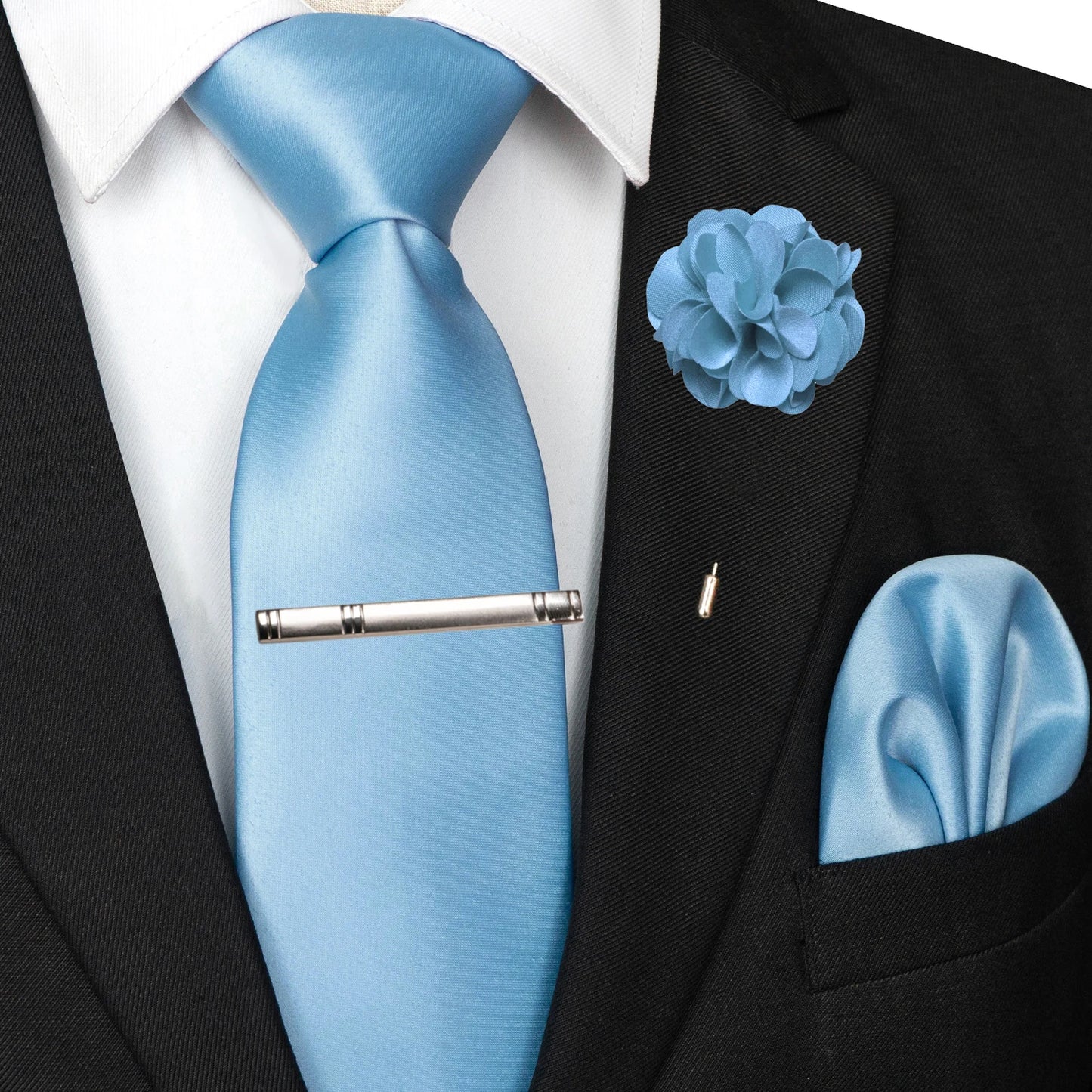Mens Colors Solid Tie and Lapel Pin Necktie Pocket Square and Tie Clip Sets for Business Casual 4PCS