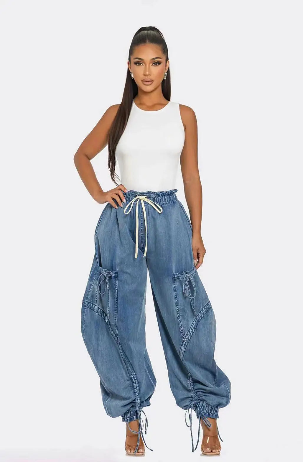 Lace Up Wide Leg Jeans Cargo Pants Sexy Women High Waist Elegant Streetwear Denim Loose Trousers