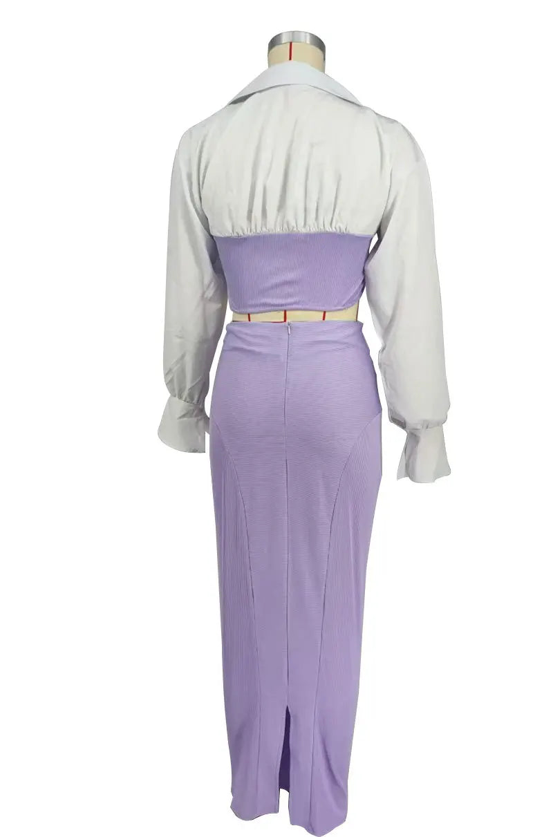 CM.YAYA Womens Two 2 Piece Sets Full Sleeve Shirt and Split Long Skirt Suit  Fall Streetwear Sexy Night Club Party Outfits