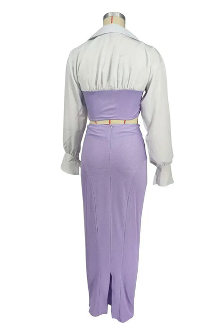 CM.YAYA Womens Two 2 Piece Sets Full Sleeve Shirt and Split Long Skirt Suit  Fall Streetwear Sexy Night Club Party Outfits
