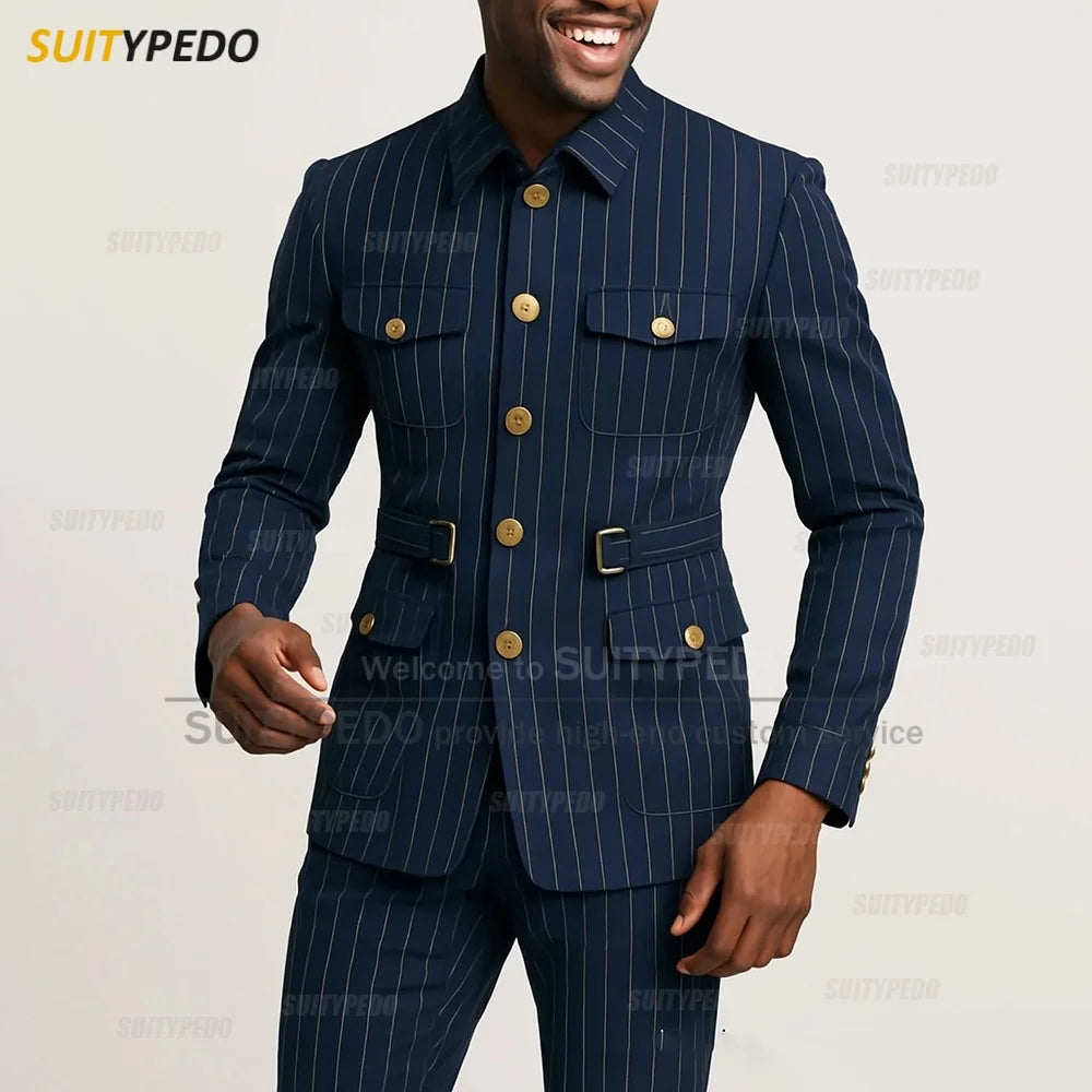 Elegant Stripe Men's Suit Set Brief Wedding Party  2 Pieces Blazer And Pants Formal  Male Homme Costumes For Special Occasions