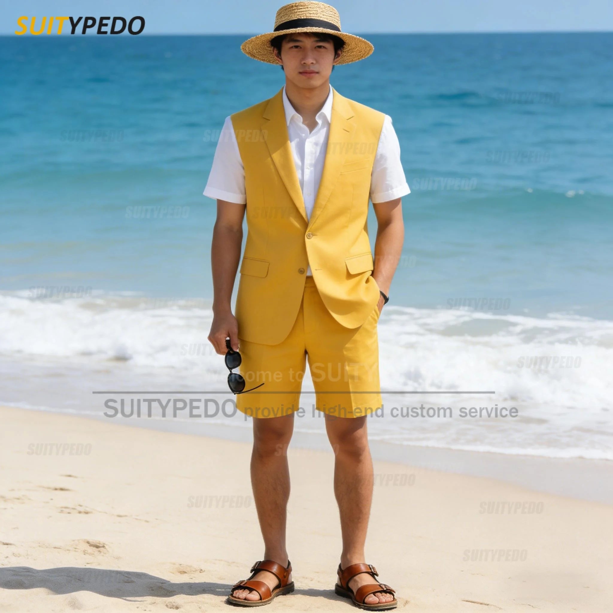 Summer New Design Men Suit Sets 2 Piecs Brief  Sleeveless Blaze And  Shorts Single Breasted Daily Beach Wedding Party Prom Suit