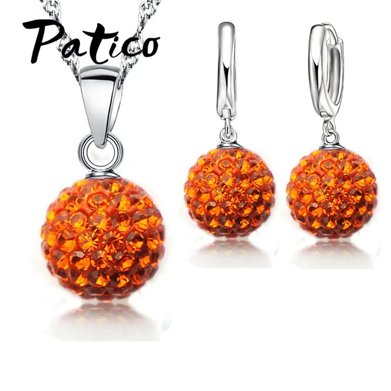 Hot New Jewelry Sets 925 Sterling Silver Austrian Crystal Pave Disco Ball Lever Back Earring Pendant Necklace Woman