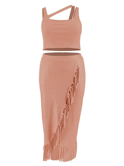 Wmstar Plus Size Two Piece Set Women Summer Sexy Crop Top Long Skirt Sets Tassel Casual Matching Suit Wholesale Drop Shipping