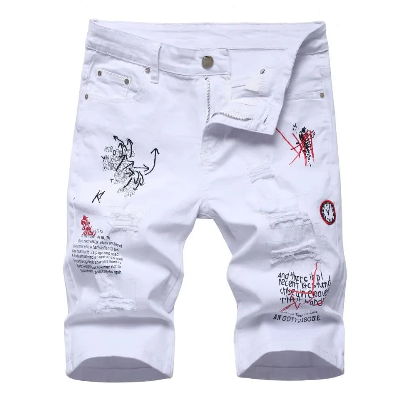 Herren Sommer Weiße Ripped Denim Shorts Male Löcher Kurze Jeans Neue Mode Streetwear Stretch Jeans Shorts Hosen Gerader Schnitt Jeans