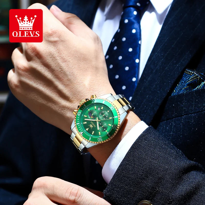 OLEVS 2870 Men's Watches Moon Phase Steel Calendar Chronograph Original Quartz Watch Big Rota Dial Luxury Sports Wristwatches