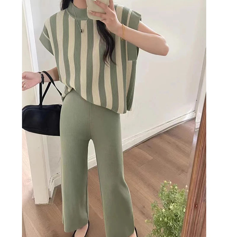 Women Sweater Wide Leg Pant Set Casual Striped Pullovers Suits  Knitted Loose Short Sleeve Elegant 2-PiecesTops Elastic Trouser