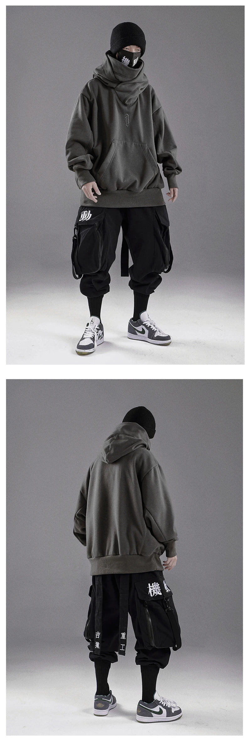 Embroidery Turtleneck Sweatshirt For Men Japanese Ninja Hoodies Autumn Hip Hop Fleece Pocket Streetwear Oversized Y2K Hoody
