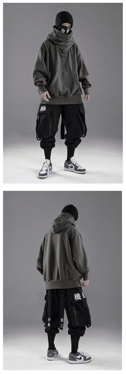 Embroidery Turtleneck Sweatshirt For Men Japanese Ninja Hoodies Autumn Hip Hop Fleece Pocket Streetwear Oversized Y2K Hoody