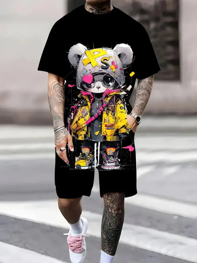 Herren Sommer Kurzarm-Set Hip-Hop Cartoon Bären-Print Kurzarm-Oberteil Shorts Lässiger Zweiteiler Outdoor Urban Street Fashion