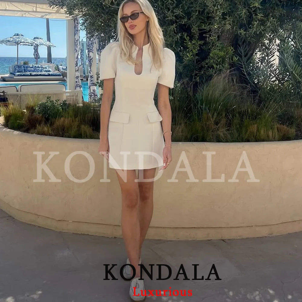 KONDALA Elegant Holiday Chic Women Mini Dress Black O-Neck Zipper Short Puff Sleeve Dress Fashion 2026 Spring Summer Party Dress