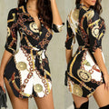 Autumn New Women's Dress Fashionable Sexy Gold Chain Slim Fit Printed Single Breasted Lace Up Waist Cinching Short Skirt
