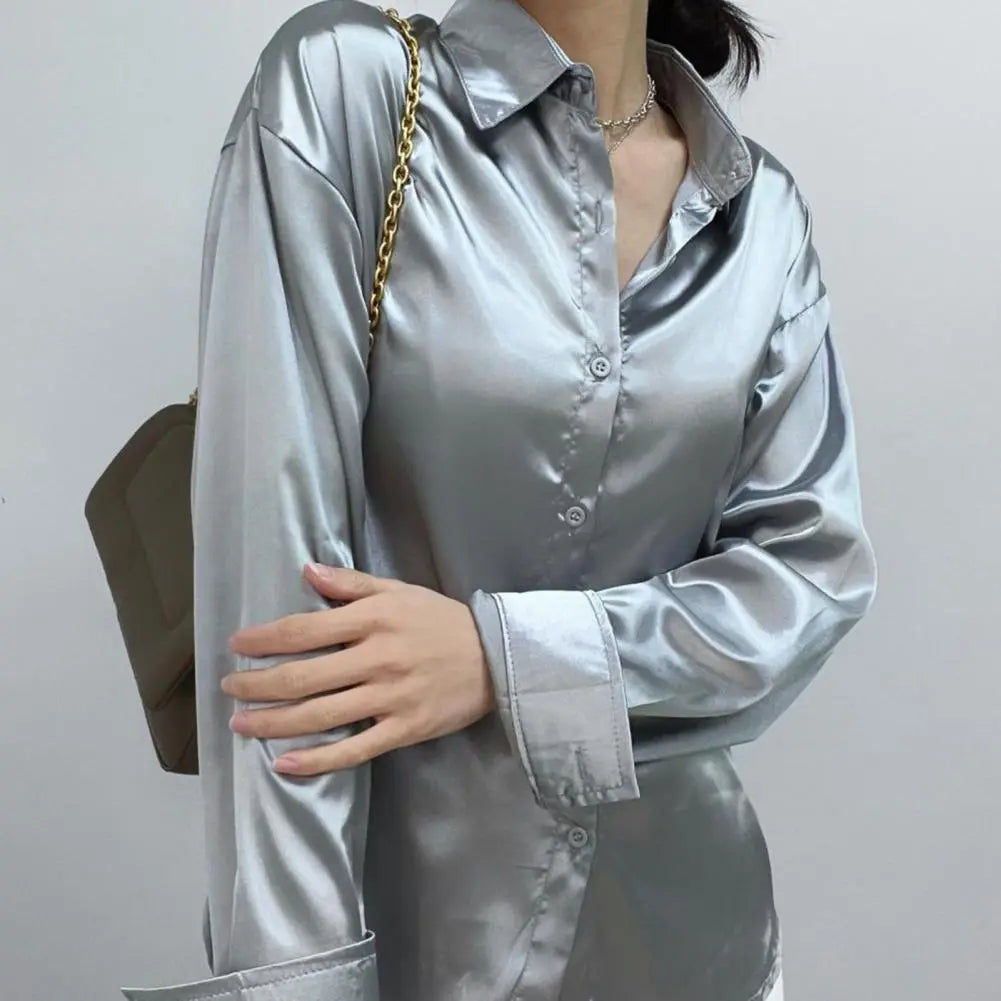 Satin Shirt Womens Clothing Silk Shirts Vintage Blouse Office Lady Sheer Top Lapel Single-breasted Solid Women Shirt Blouse