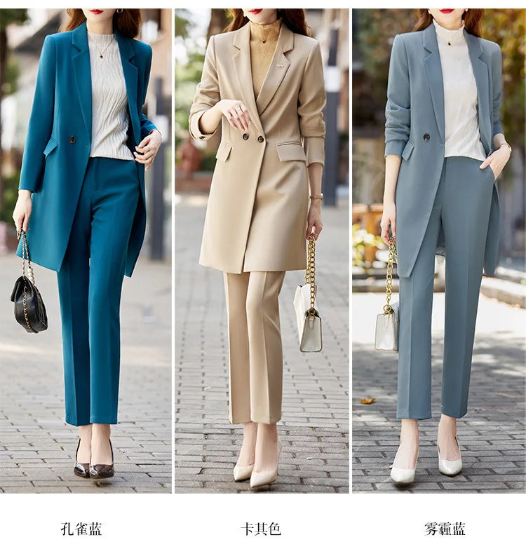 High End Office Professional Women's Blazer Pants 2-Piece Set Fall Fashion Long Female Jacket Over Business Suit Casual Trousers