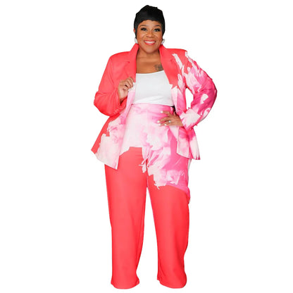 CM.YAYA Plus Size Women's Set Long Sleeve Floral Print Blazer +Wide Leg Pants Suit  Fall Two 2 Piece Set Outfits Tracksuit