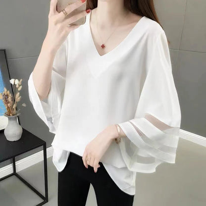 Summer Solid V-neck Mesh Patchwork Loose Casual Shirt Top Women Half Sleeve Oversized Fashion Blusa Simple Pullover Blouse