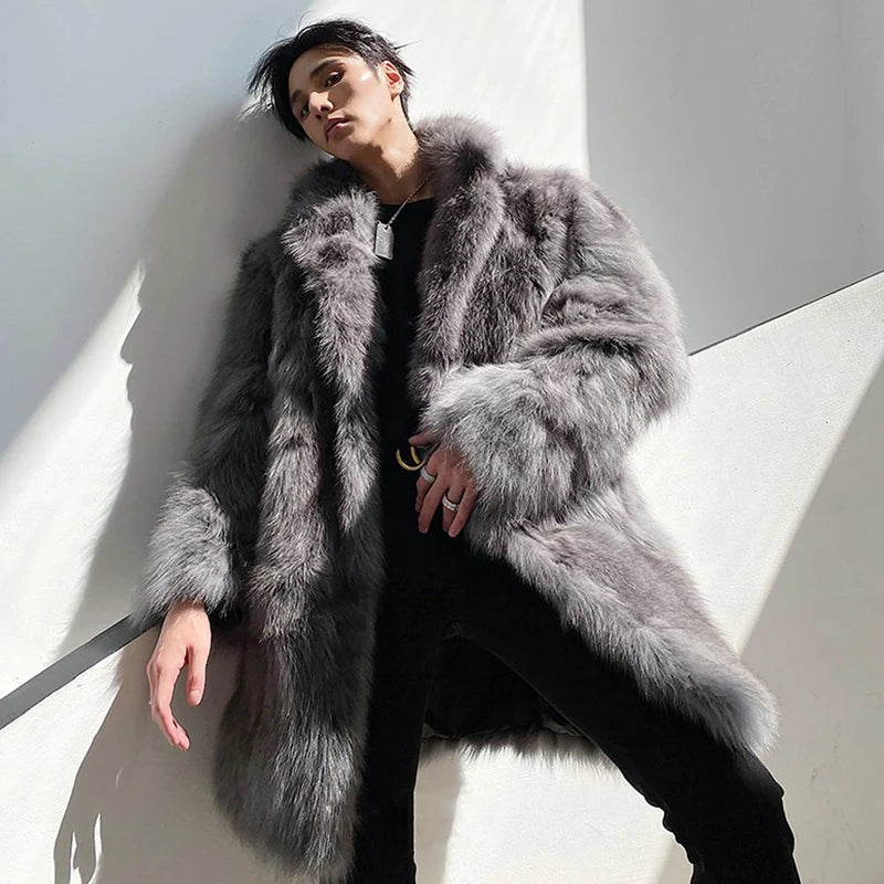 Winter Men Lapel Faux Fox Fur Coat Jacket Thick Long Sleeve Warm Luxury Fur Black Parkas Bontjas Mens Furry Shaggy Outerwear