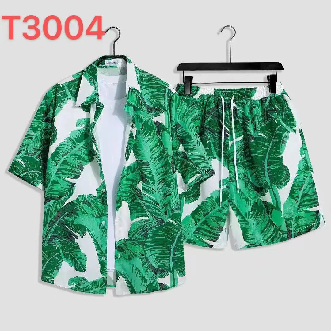 Comfortable flower grass leaf coconut tree 3D Print shirt +Shorts Two Piece Set Short Sleeve Flip collar shirts half pants