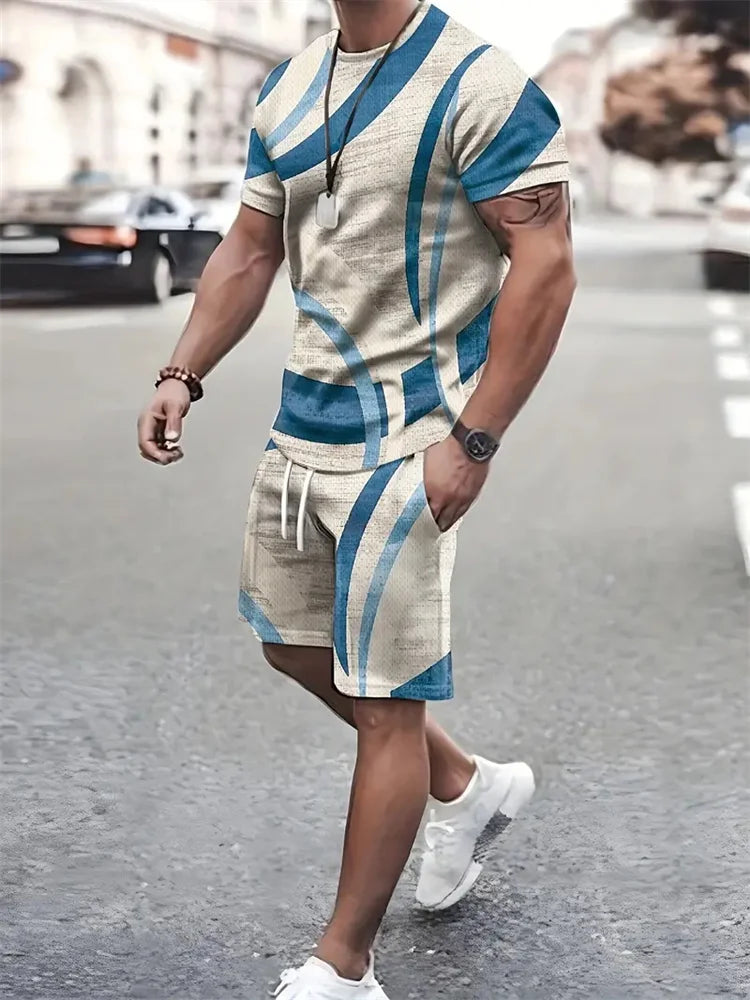 New summer men's sportswear short-sleeved T-shirt suit two-piece outdoor travel clothing oversized shorts training clothes