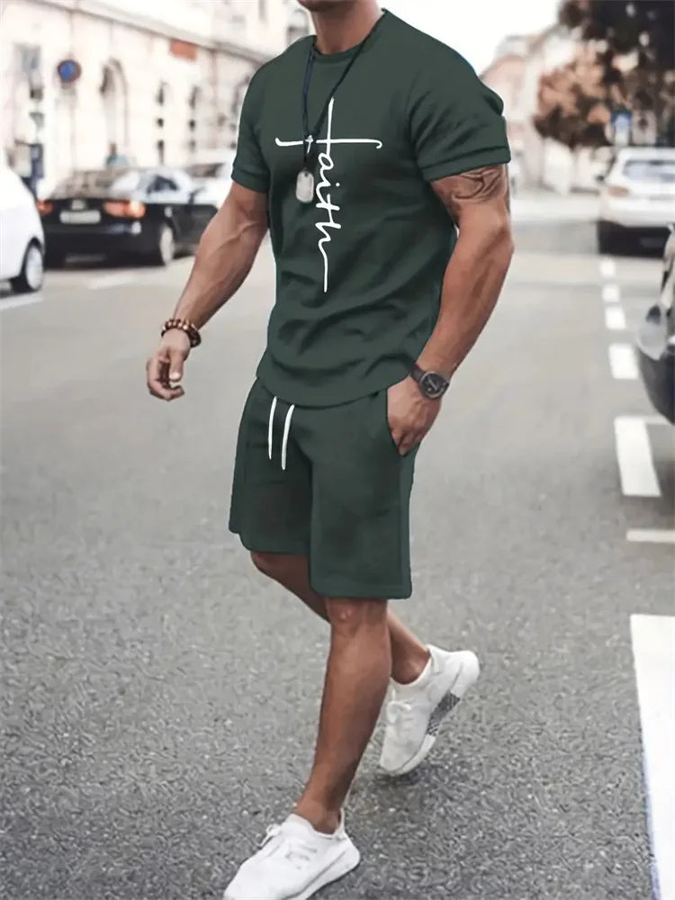 Mens T Shirt Shorts Set Fashion Mens Cross Printed Short Sleeve Two Pieces Oversized Outdoor Beach Sports Men's Plus Size Suit