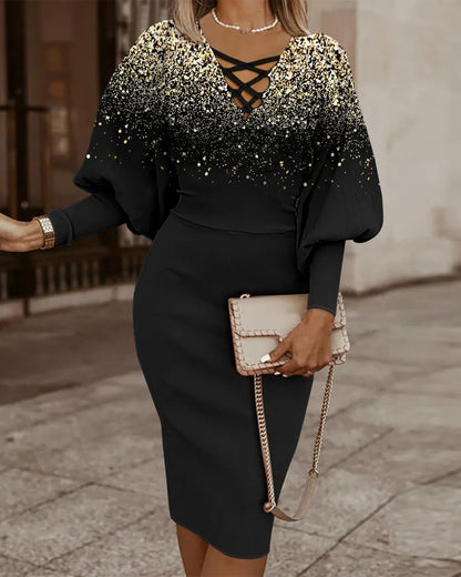 Elegant Long-sleeved V-neck Waist Dress For Women Fashionable Autumn Winter Slim Vintage Printing Hip-covering Dresses Female