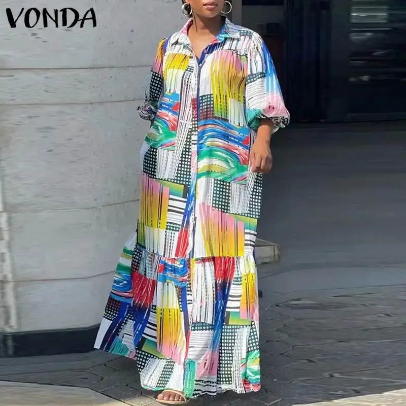 VONDA Plus Size 5XL Bohemian Printed Dress Autumn Women Elegant Long Sleeve Vintage Maxi Sundress Casual Button Loose Party Robe