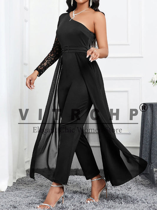 VITRCHP 2024 Summer Women's Sexy Round Neck Mesh Sleeveless Jumpsuit with Belt New Fashion Rompers Womens Jumpsuit