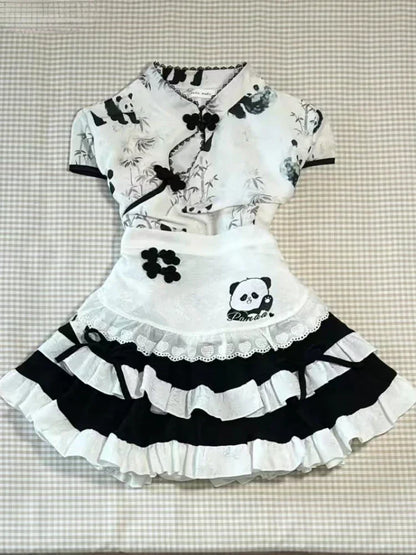 Fashion Sweet Slim Short Sleeve 2 Piece Set Women Design Chic Lapel Bow Patchwork Tops + High Waist Thin Plaid Short Skirt New