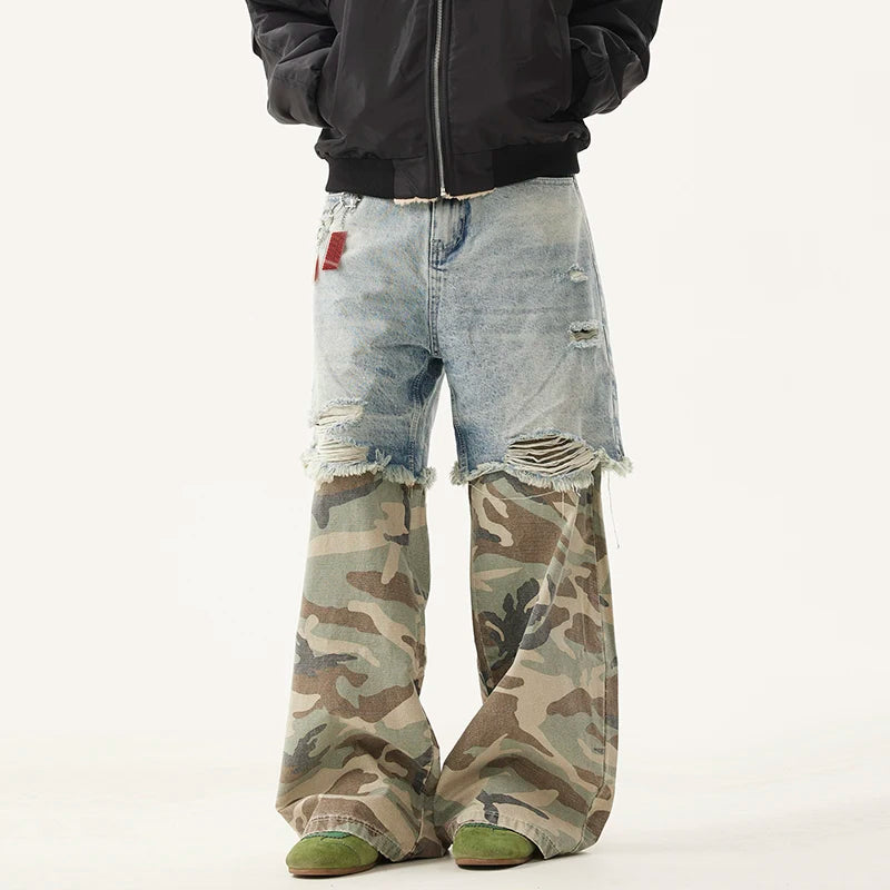 PFNW Niche Design Men's Jeans Washed Distressed Colorblock Splic Fake Two Piece Loose Straight Trousers Wide Leg Pants 28W5474