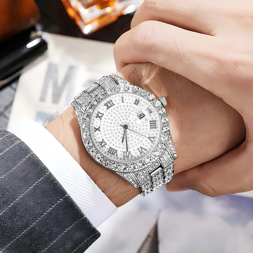 3pcs Men's Silver Watch Set Hip-hop Punk Inlay Diamond Watch+Cuban Chain+Bracelet Comes With Strap Adjuster Stylish Jewelry Gift