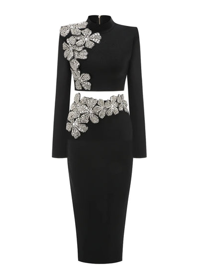 Sexy Long Sleeves Bandage 2-Piece Sets Women Turtleneck Shiny Diamonds Flower Top + Bodycon Mini  Skirts Suits Evening Party Set