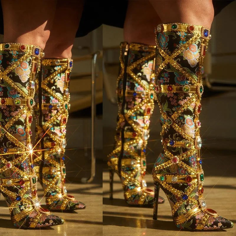 Crystal Luxury Boots Women 2023 Winter Fashion Shoes High Gold Long Boots