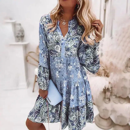 Casual Floral Print Dresses For Women  Sping Summer Boho V Neck Loose A Line Dress Elegant Beach Party Dress Robe Femme